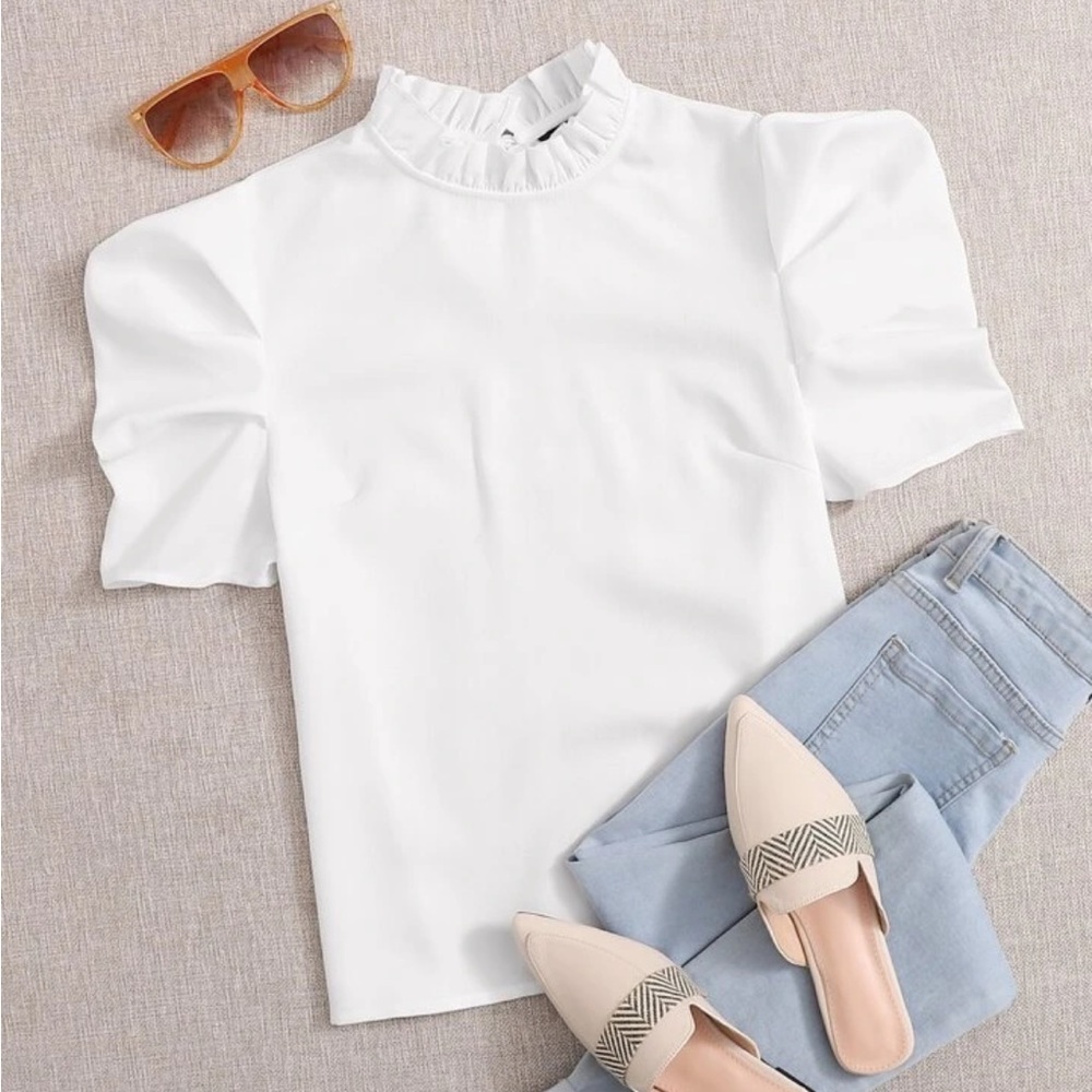 White ruffle neck puff sleeve top